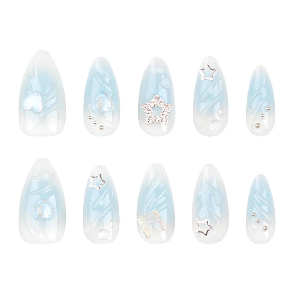 Short Almonds Press on Nails Blooming Blush Blue Manicure Nail TipsEasy to Stick on for Women Girls DIY Nail Manicure