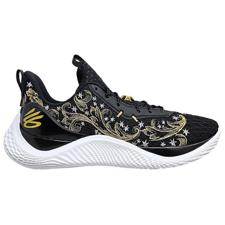 Under Armour Curry Flow 10 Удобные Прочные Нескользящие Износостойкие Низкие Баскетбольные Кроссовки Мужские кроссовки Черный Золотой Белый 3027473-001