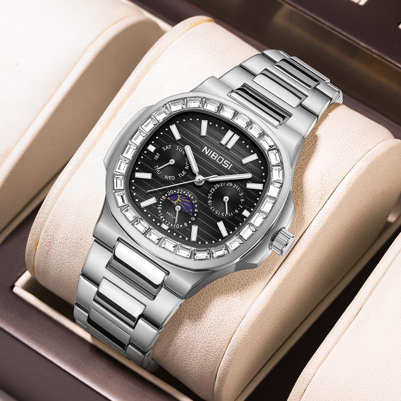 NIBOSI Brand Luxury Men Quartz Watch Waterproof Luminous Chronograph Clock Moon Phase Male Fashion Watches Man Relogio Masculino