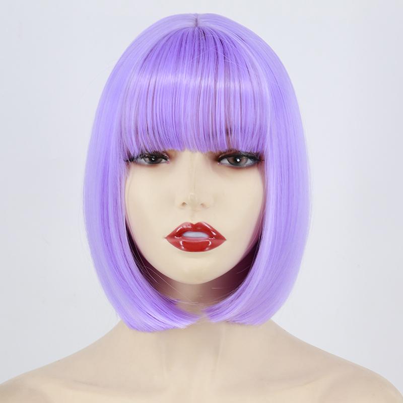 MISSQUEEN Women Cosplay Light Purple Shoulder Length Straight Bob Wig with Bangs Cosplay Purple Short Hair Synthetic Fiber Halloween Wig