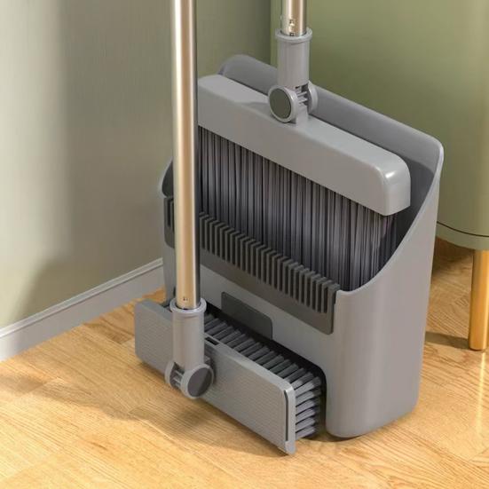 Broom with Dustpan Combo Set 3-in-1 Cleaning Tool Adjustable Long Handle Self-Cleaning Dustpan Teeth Indoor Outdoor Push Broom Dustpan Set