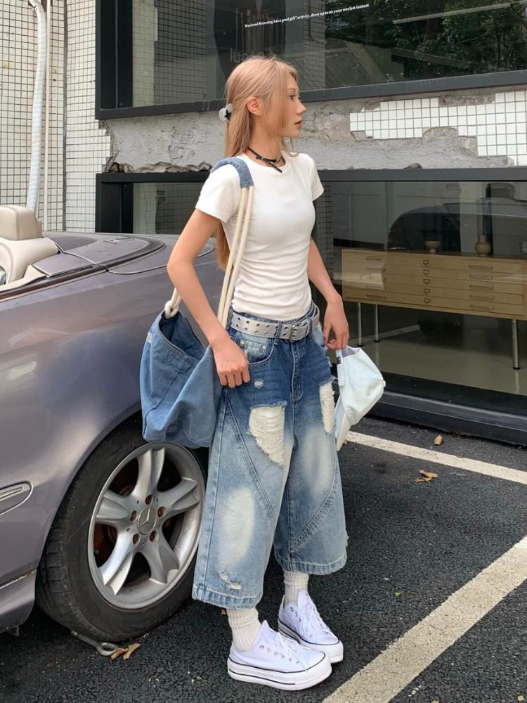 90s Plus Size American Retro Ripped Cropped Jeans Women Y2k Design Sense Shorts Loose High Waisted Straight Wide Leg Pants