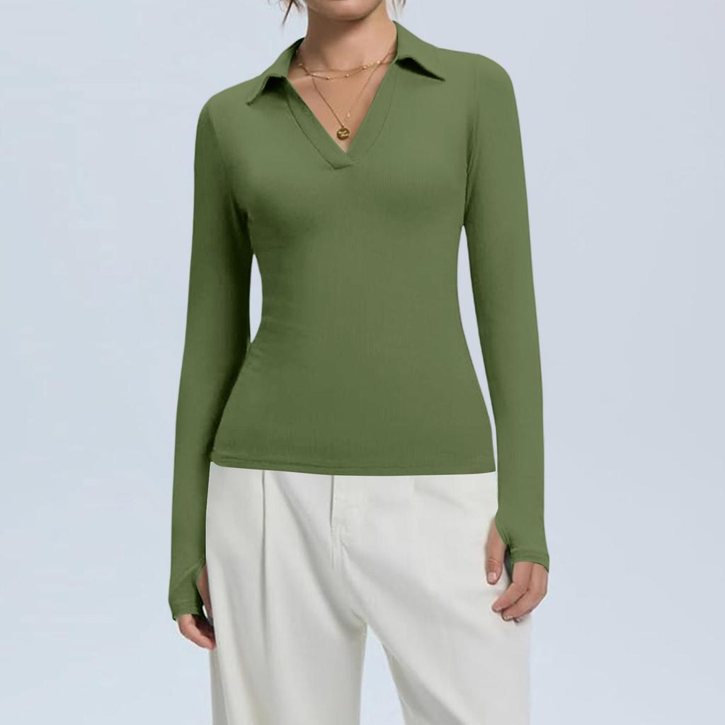 Женская мода Повседневный однотонный топ с V-образным вырезом и длинным рукавом на пуговицах