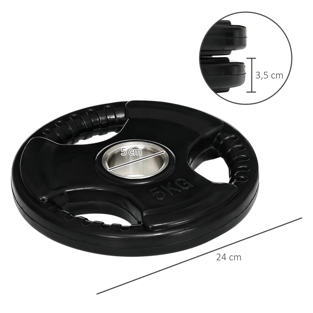 Cast Iron Weight Plates, 2 x 5 kg, 3 Handles, 50 mm Holes, Rubber Cover, Black