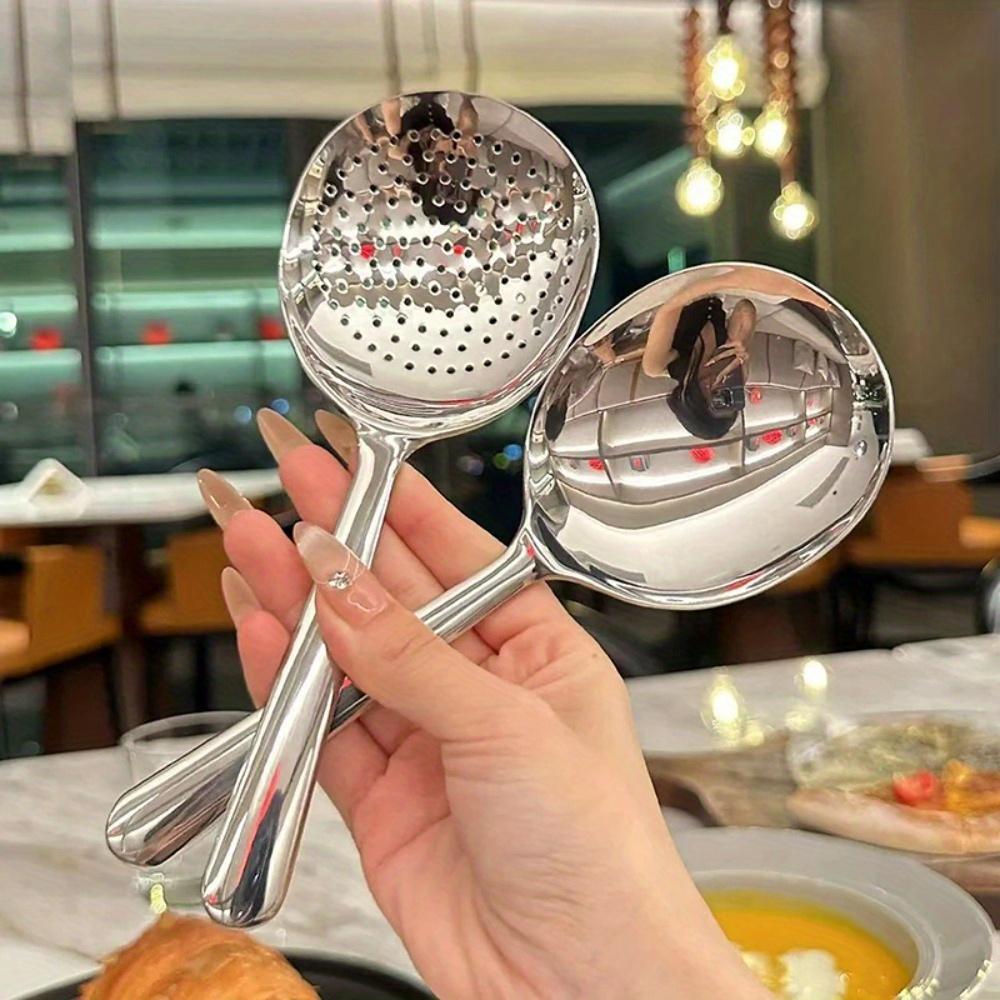 2Pcs Stainless Steel Spoon Heat Insulated Handle Ladles Drain Hole For Serving Soup Rice Serving Spoon Kitchen Utensils
