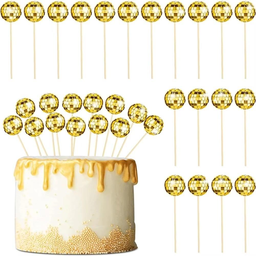 Retro Disco Ball Cake Toppers 70s 80s Style With Wooden Stick Cake Decoration Baking 3cm Cake Card Insert Wedding Decor Supplies