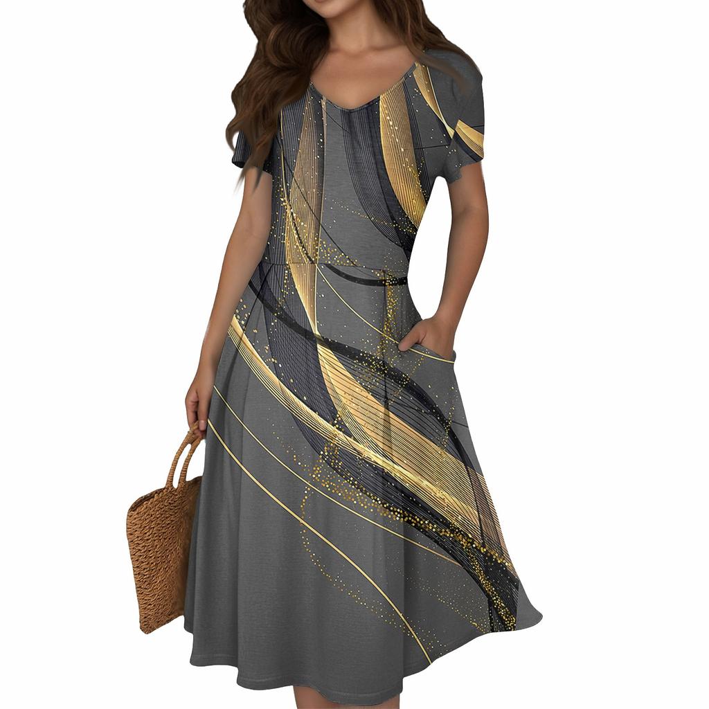 Женское летнее повседневное платье с принтом, V-образным вырезом, короткими рукавами и карманами