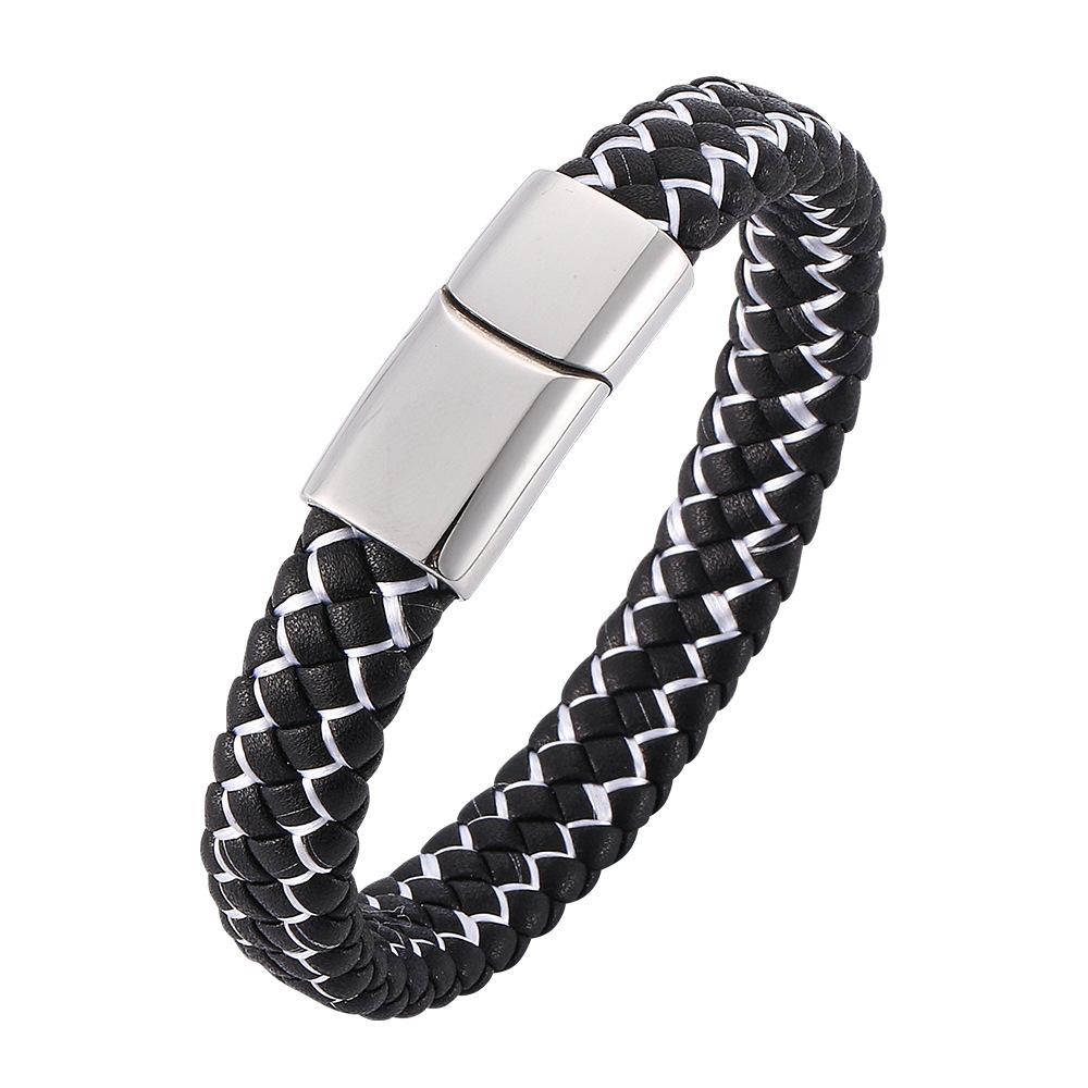 Punk Men Braided Genuine Braided Blue Leather Bracelet Black Stainless Steel Magnetic Buckle Bracelet Gifts Homme Pulsera