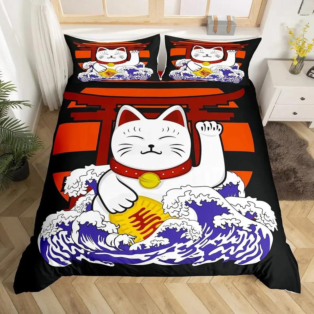 Комплект пододеяльника Lucky Cat в японском стиле с рисунком «Волна Хокусая», комплекты постельного белья, экзотический красный, ворота тории, декор солнца, комплект пододеяльника