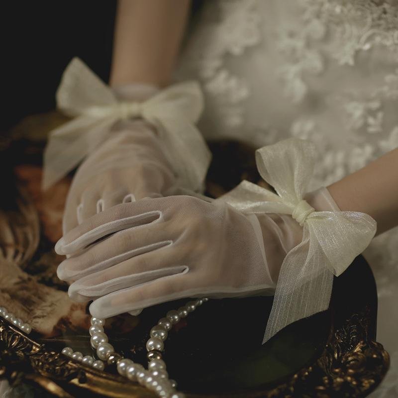 Women Bridal Elegant Wedding Short Gloves Mesh Satin Beaded Pearl Gloves Evening Dress Accessories