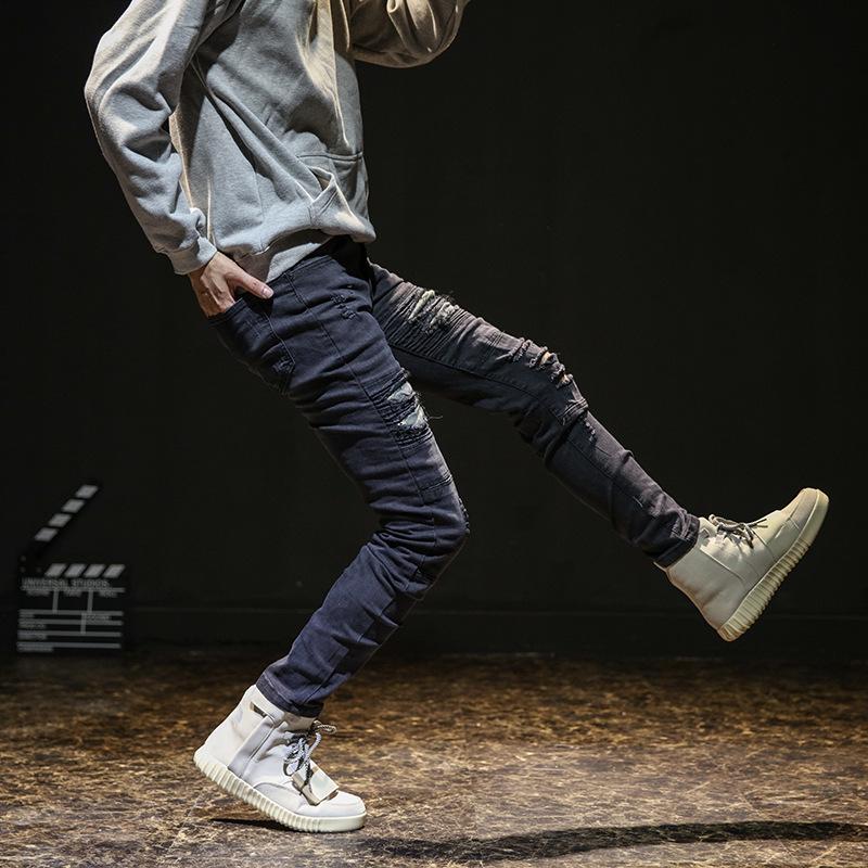 Четырехсезонные европейские и американские мужские джинсы с рваными коленями, эластичные уличные трендовые узкие брюки, плиссированные брюки с короткими штанинами в мотоциклетном стиле