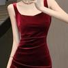 Summer Women Evening Dress Sleeveless Slim Fit Backless Pure Color Split Hem Velvet U-shaped Neck Prom