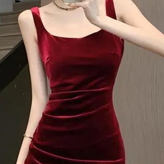 Summer Women Evening Dress Sleeveless Slim Fit Backless Pure Color Split Hem Velvet U-shaped Neck Prom Cocktail Party Midi Dress