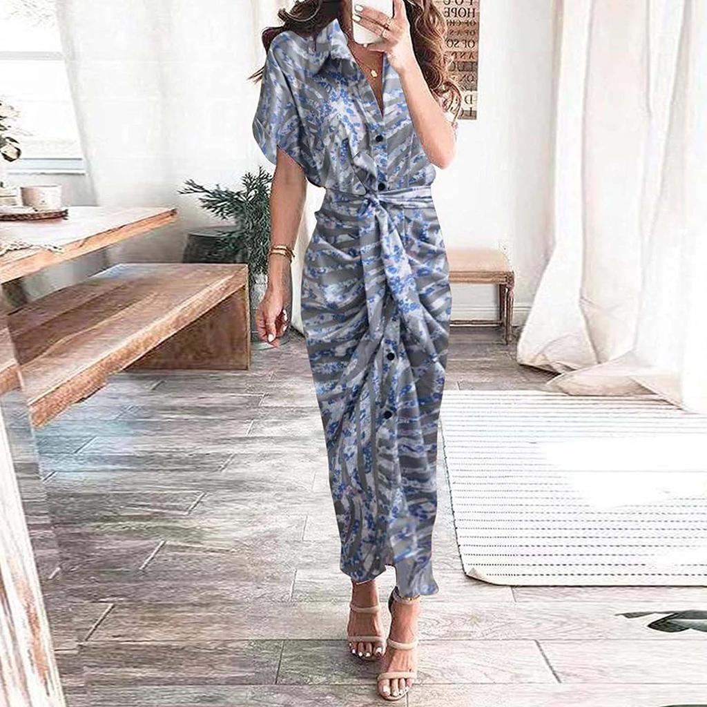 Women Casual Stand-up Collar Printed Shirt Button Belt Short-sleeved Long Skirt