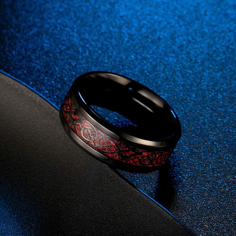 [Rockyu] ring men's Fashionable amulet dragon crest ring durability carbon fiber stainless Compatible with metal allergies dragon crest black/blue/red