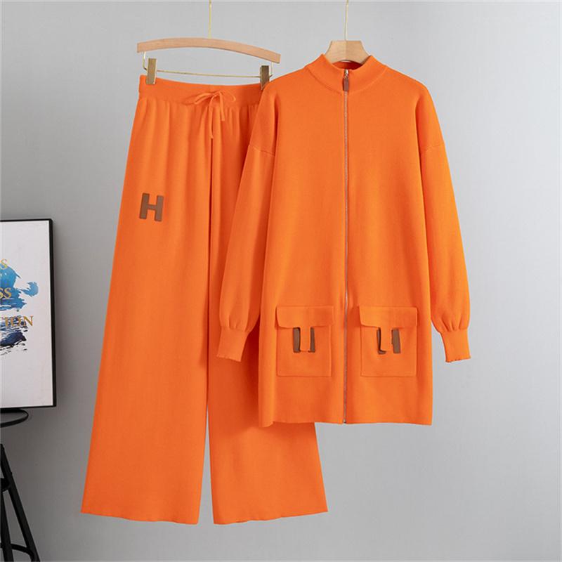 Женский осенне-зимний модный повседневный костюм средней длины, вязаная рубашка с открытым передом, брюки, костюм-двойка