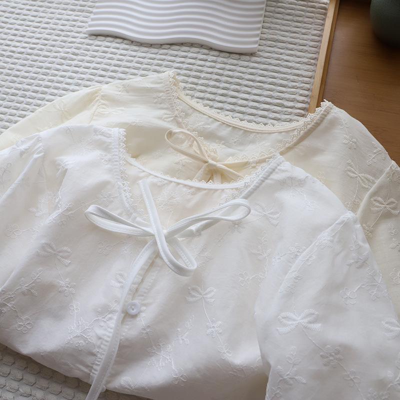 Корейская кружевная жаккардовая рубашка с рукавами-пузырями и завязками для женщин - Коллекция Лето 2025