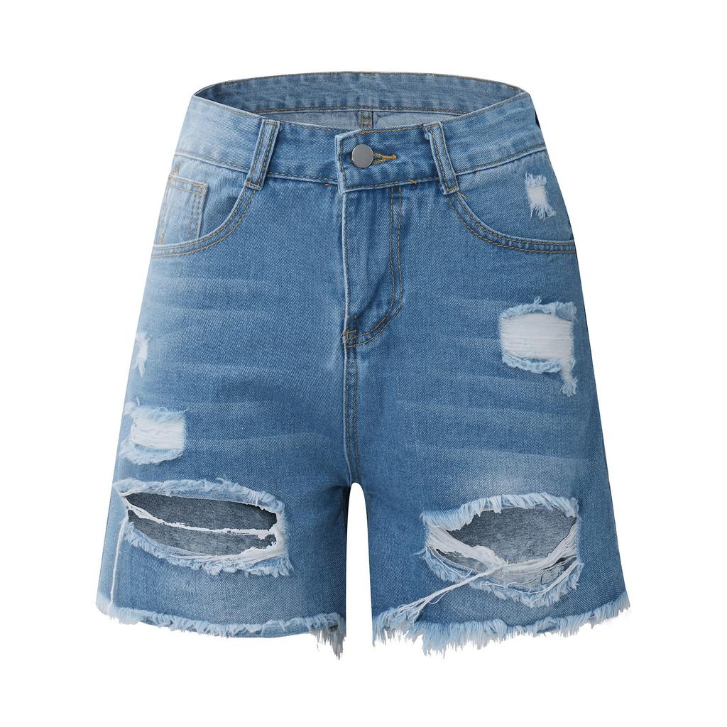Женские повседневные джинсовые шорты со средней талией, эластичные джинсовые шорты с карманами и рваной бахромой