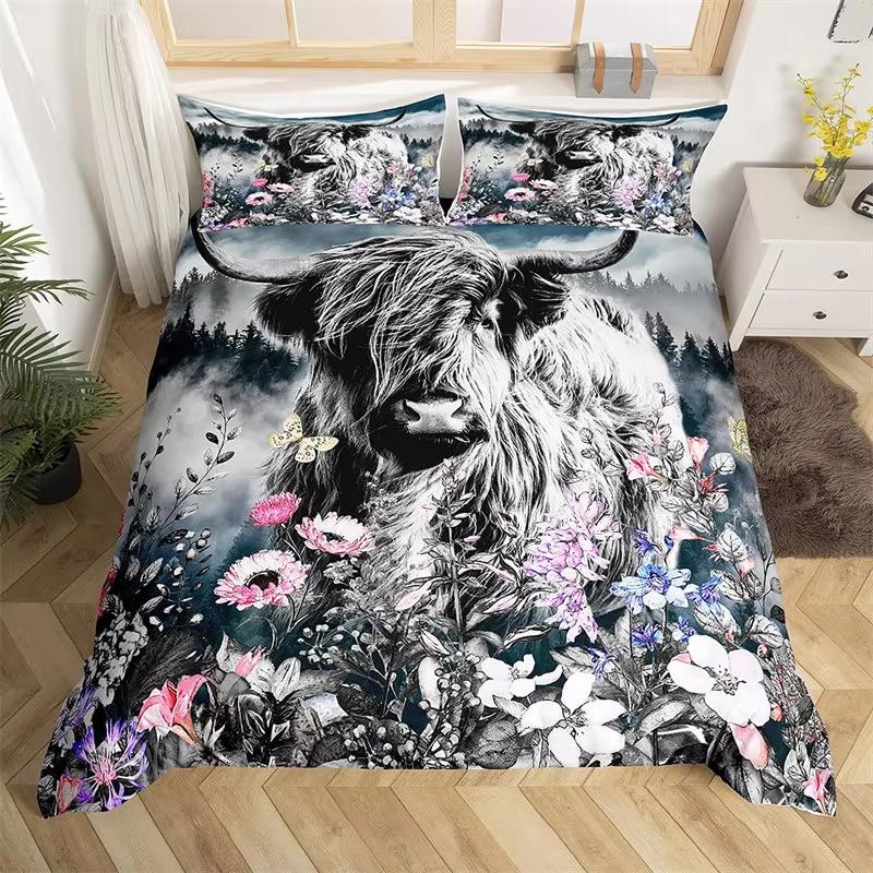 Kids Highland Cattle Flower Duvet Cover Set Farm Animal Bull Cow Comforter Cover Microfiber Western Cowboy Twin King Bedding Set