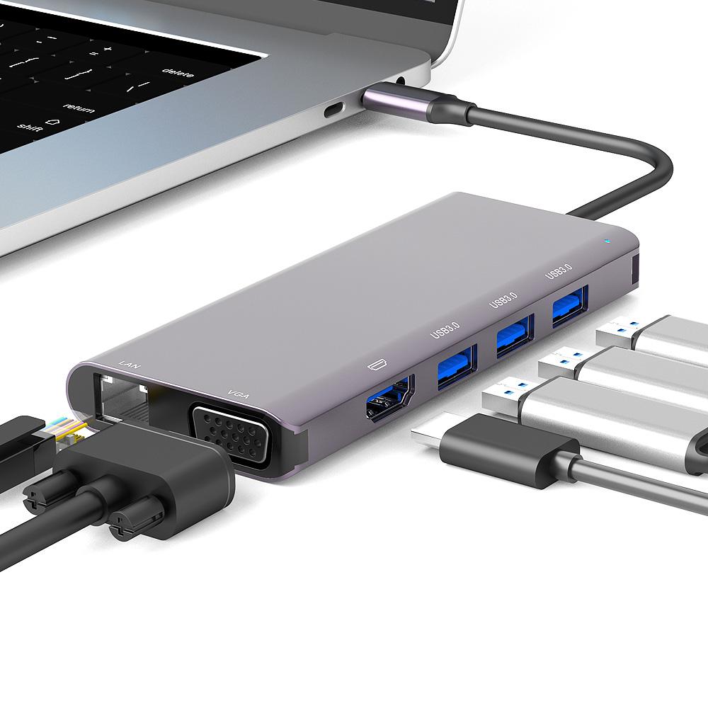 USB C Hub Docking Station with USB 3.0 Port/1080P VGA/PD/1000M RJ45/SD/TF Slot/4K HD Media for Laptop Macbook