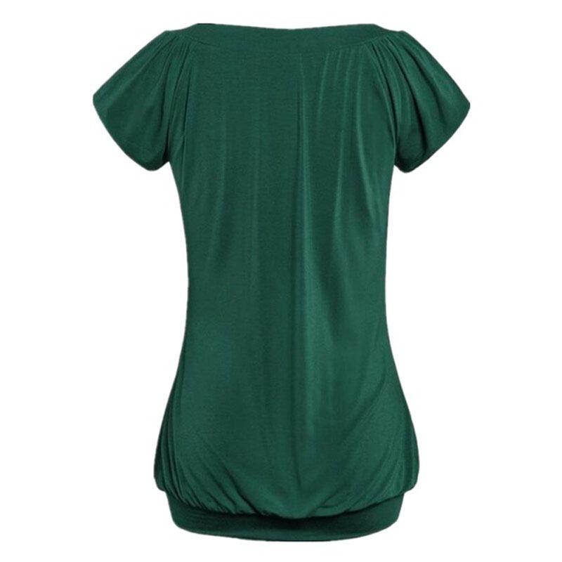 Elegant Women's Fashion Summer V-neck Short Sleeve Pleated Loose Blouse Plus Size