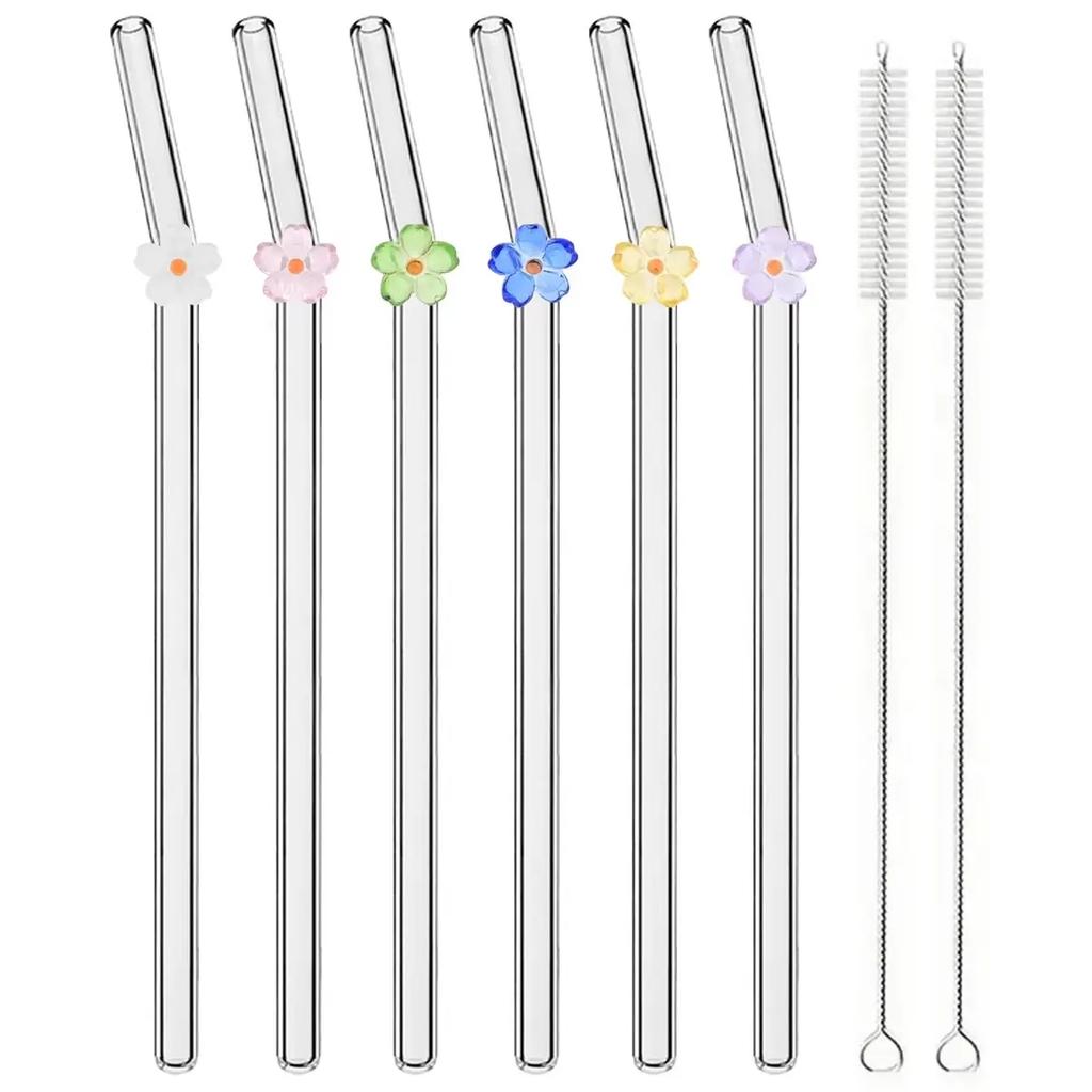 6pcs Flower Drinking Straw Set High Borosilicate Glass Bent Straws Set with Brush Milk Shake Coffee Cocktail Straw Bar Drinkware