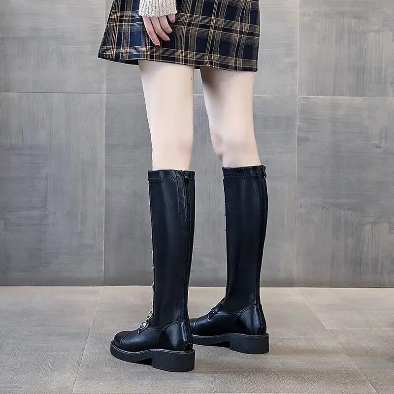 Туфли на среднем каблуке для женщин Эластичный круглый носок Женские ботинки Обувь Длинные Новые Рок Зимние До колена Голенище Качество Новинка