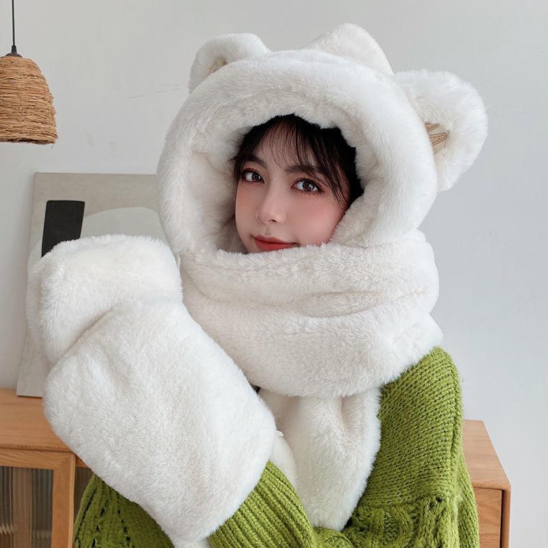 Bear Hat Scarf One-piece Female Cute All-match Winter Thickening Warm Plush One-piece Hat