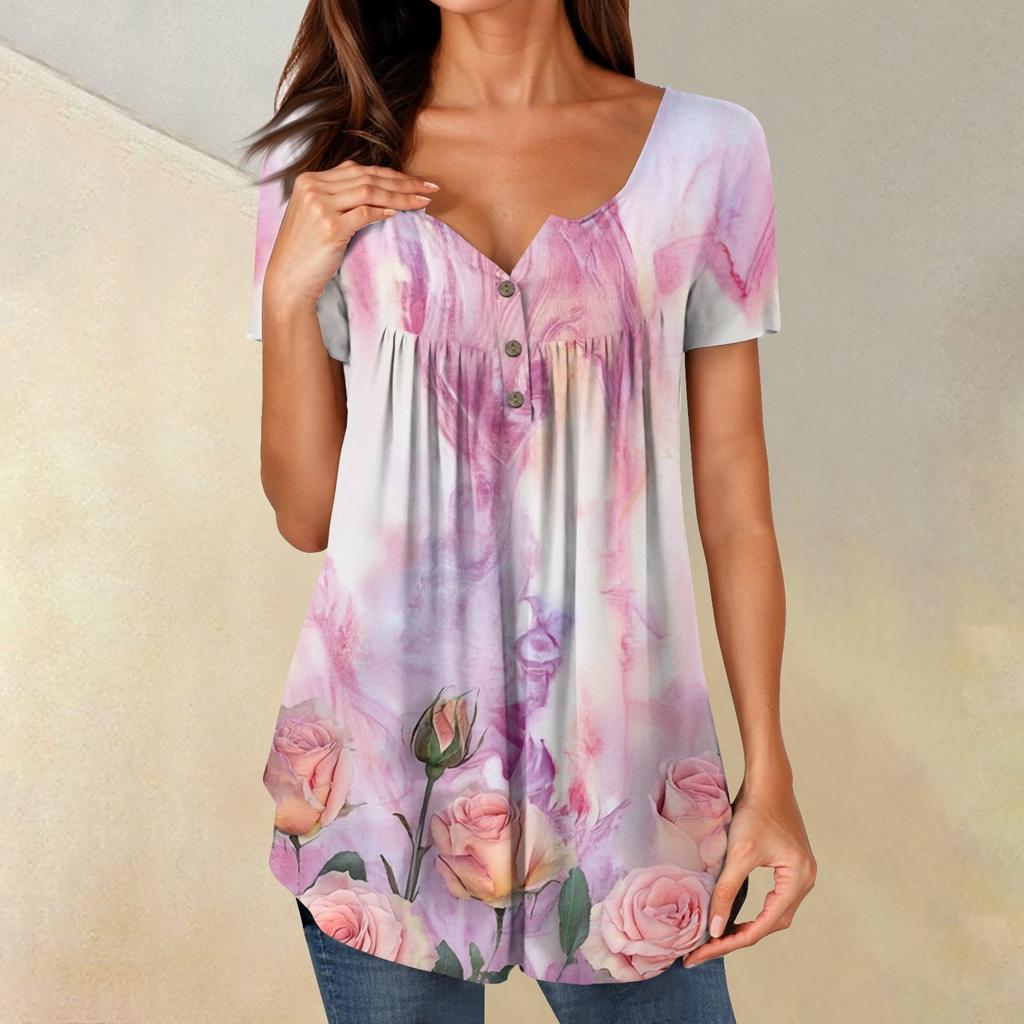 Women Tunic Tops Dressy Casual Summer Short Sleeve Shirts Loose Fit Pleated Boho Top