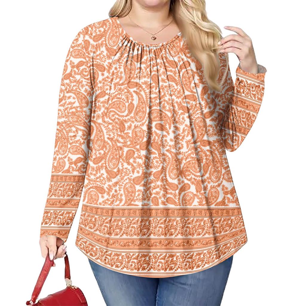 Women's Plus Size Fashion Printed Casual Pleated Round Neck Long Sleeve Top