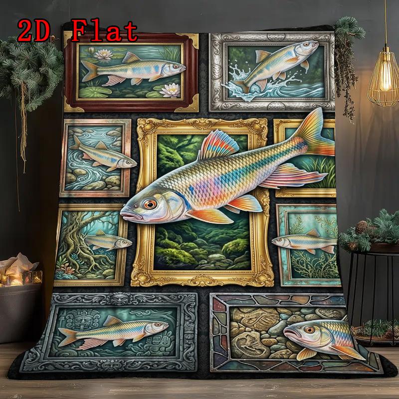 Fish Art Collection 2D Flat Pattern Flannel Blanket, High quality All Seasons, Home Decor, Warmth and Comfort, Perfect for Christmas Gifts.