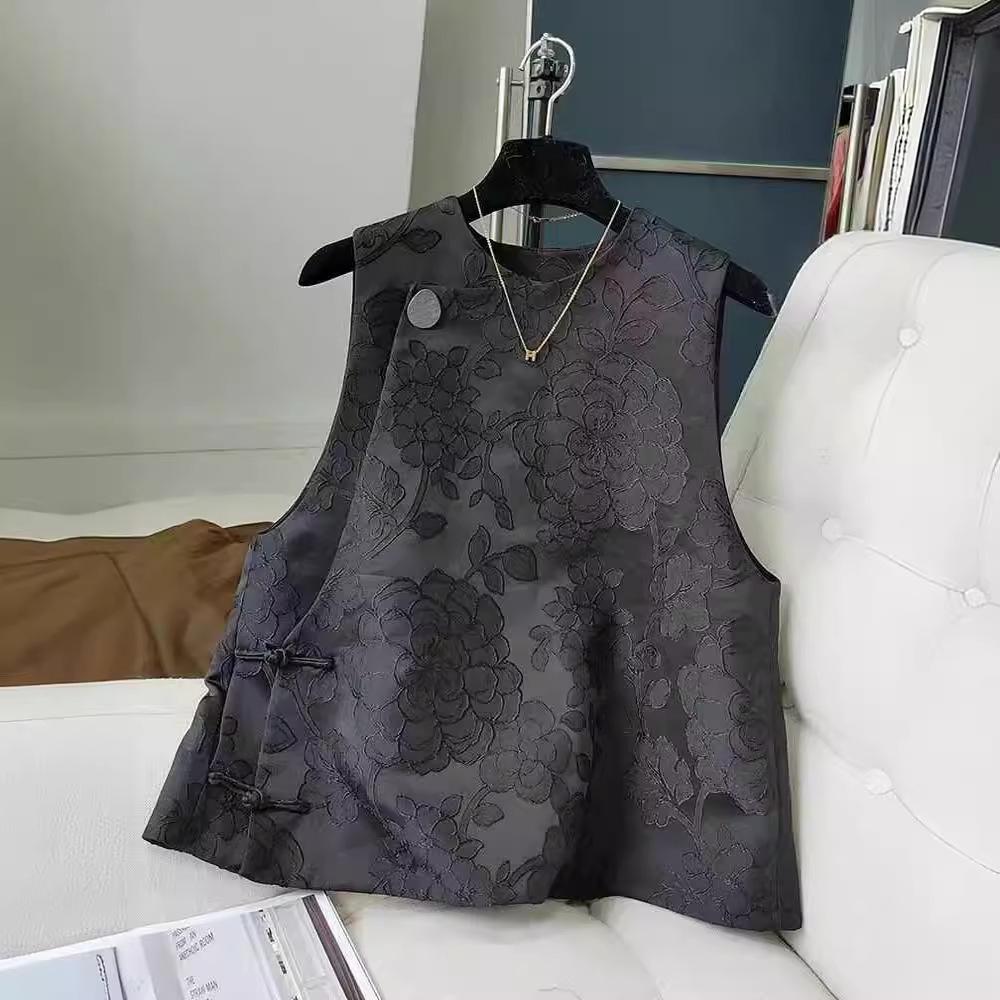 Весенний ретро черный жаккардовый китайский жилет с застежкой-лягушкой для женщин