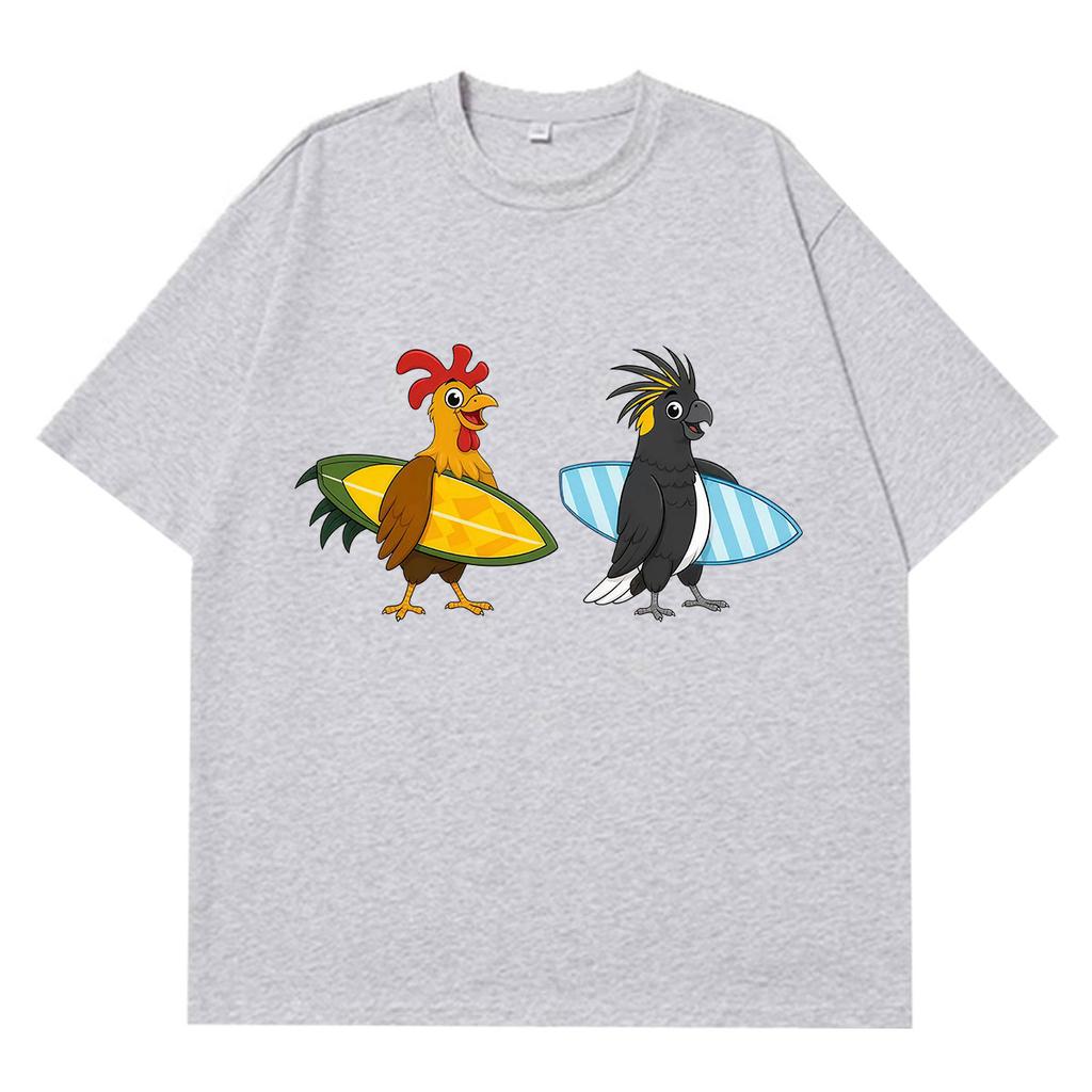 Surfing Beach Bird And Chicken Funny Meme T Shirt Unisex Fashion Casual Tshirt Short Sleeve Oversized Cotton Tshirts Streetwear