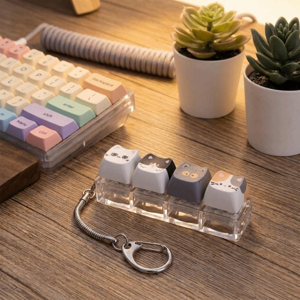 Creative Cat Fidget Keychain 4 Keys Keycap Keychain Cat Mechanical Keyboard Keyring Kitten Fan