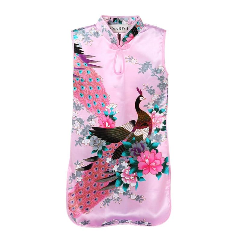 Летнее детское китайское платье Cheongsam без рукавов с принтом павлина для девочек