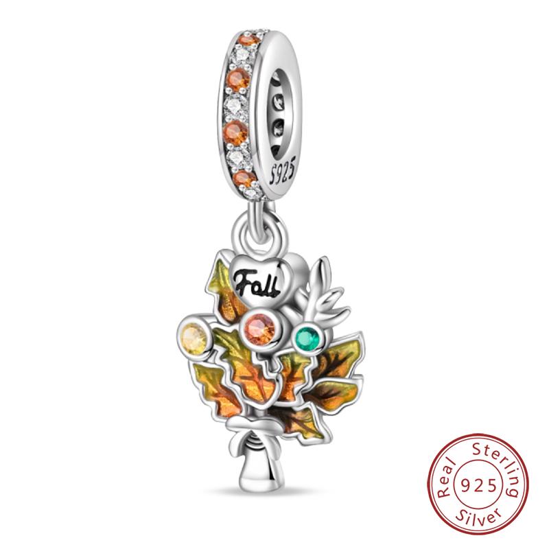 100% 925 Silver Autumn Harvest Series Brown Music Squirrel Scarecrow Pumpkin Maple Leaves Charms Beads DIY Jewelry Gift