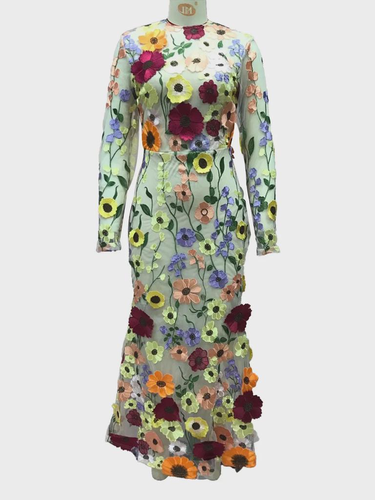 Платье-рыбий хвост из сетки с цветочной 3D-вышивкой - весна/лето