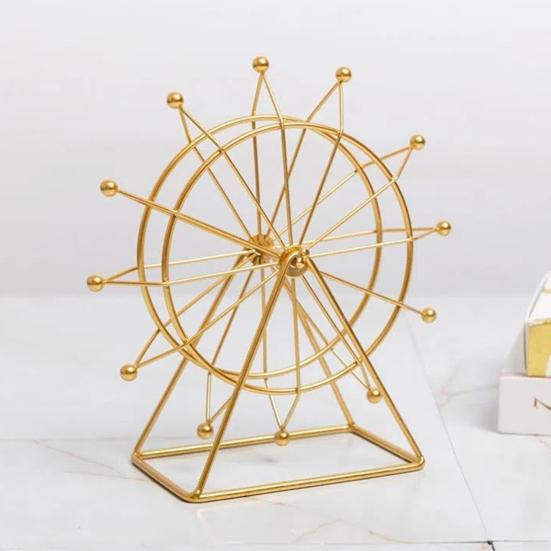 Sky Wheel Ornament with LED Light Rotatable Iron Wire Ferris Wheel Model Metal Figurine Home Office Desktop Decoration