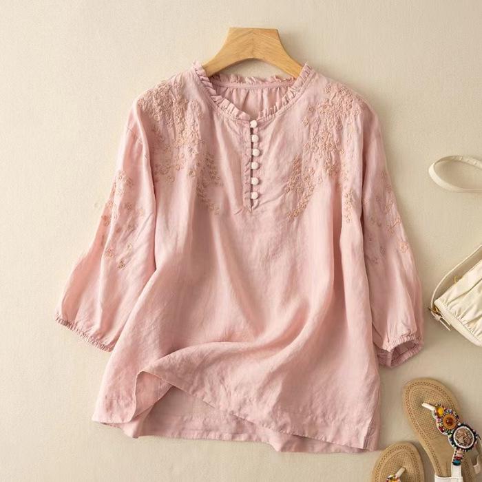 Винтажный комплект из хлопка и льна с вышивкой в стиле Юго-Восточной Азии: Рубашка с рукавом семь восьмых и брюки широкого кроя