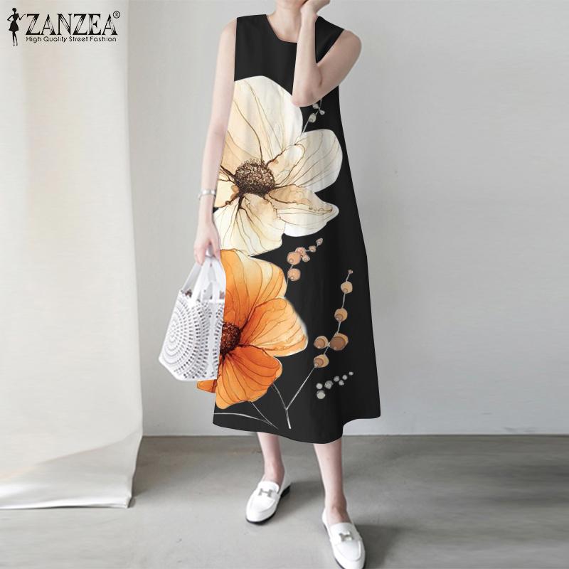 ZANZEA Женское летнее повседневное платье без рукавов с цветочным принтом и круглым вырезом