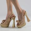 Золотистые блестящие блестящие женские босоножки на толстом высоком каблуке с ремешком сзади, сексуальные босоножки на платформе с открытым носком и толстым бантом, босоножки для вечеринок