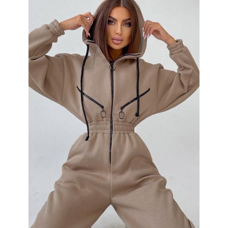 2026 Womens Hooded Jumpsuit Casual Streetwear Long Sleeve Knit Romper With Zipper Detail