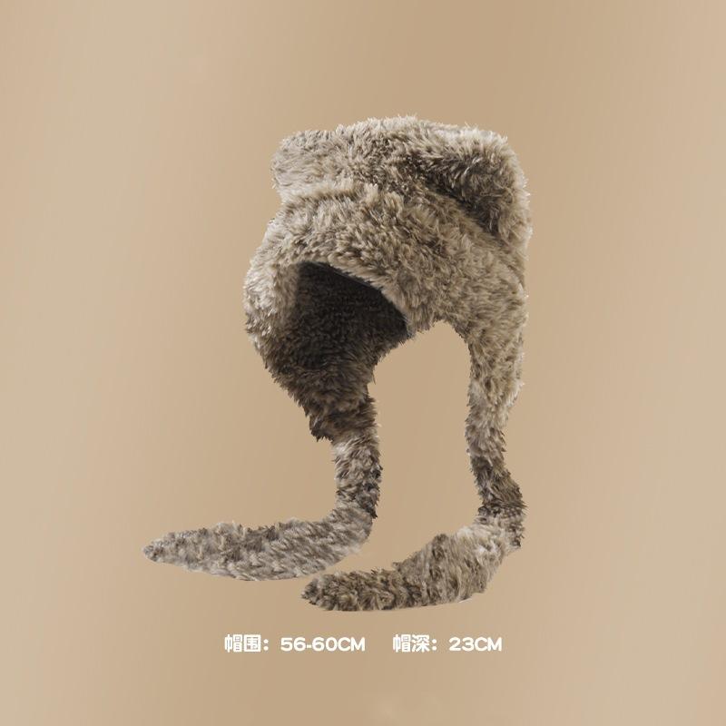 Женская шапка осень/зима 2024 года с милыми медвежьими ушками и мохнатой шеей, большая окружность головы, теплая шерстяная плюшевая шапка Lei Feng