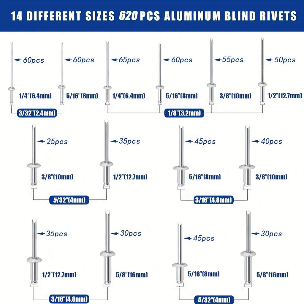 Набор алюминиевых вытяжных заклепок, 620 шт. - Доступно 14 размеров, включая вытяжные заклепки диаметром 1/8", 3/16", 3/32", 5/32"