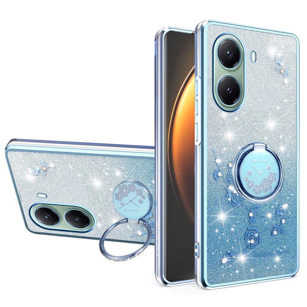 For Xiaomi Poco X7 Pro 5G/Redmi Turbo 4 5G Case Ring Kickstand TPU Flowers Phone Cover Gradient Glitter