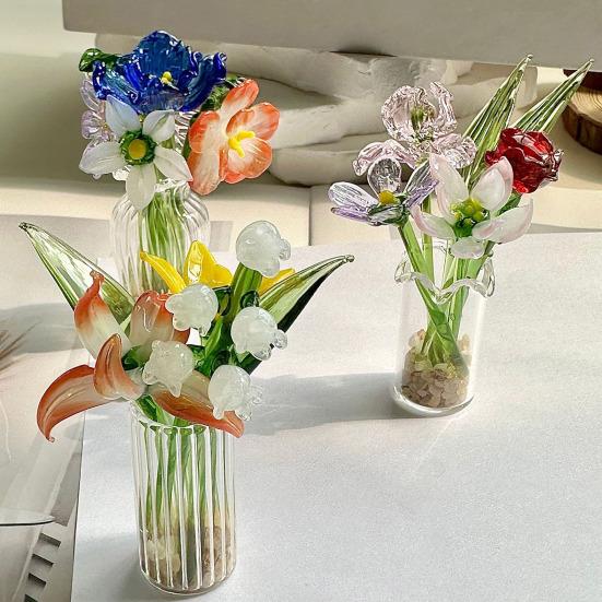 Handmade Glass Flower Decoration with Stem Hand-Blown Mini Floral Plants Figurine Home Living Room Office Table Flower Vase Ornament