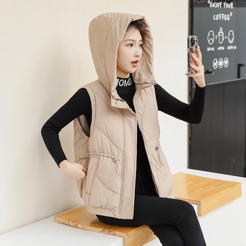 Women Autumn Winter Hooded Collar Sleeveless Solid Color Drawstring Warm Coat Vest