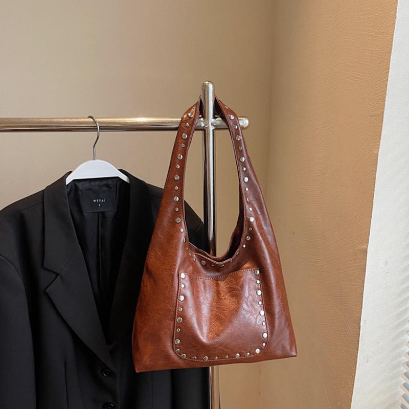 Женская ретро сумка-тоут с заклепками, однотонная, для поездок на работу, путешествий, шопинга, универсальная, большой вместимости, на плечо, CLE