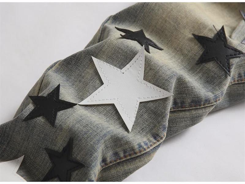 Узкие джинсы с кожаными нашивками и ретро-звездами унисекс