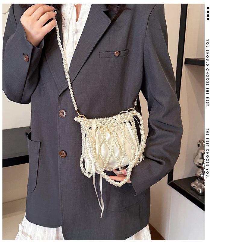 French Pearl Handbag: Elegant Women's Beaded Evening Bag, Large Capacity, Handmade Woven Shoulder Bag.